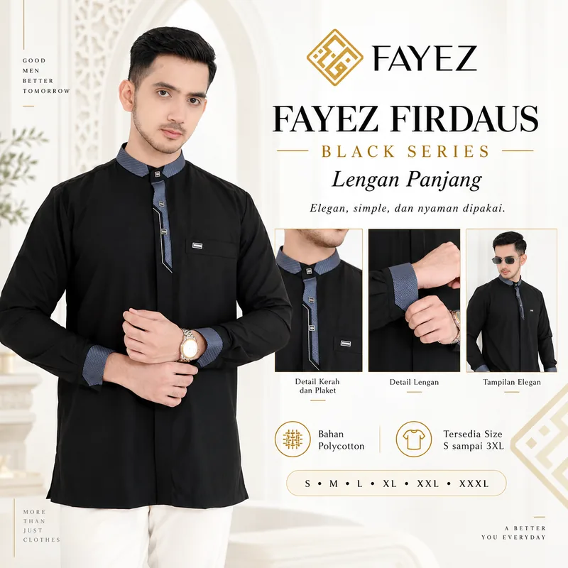 Baju Koko Fayez Lengan Panjang Firdaus Black Series A — Lengan Panjang