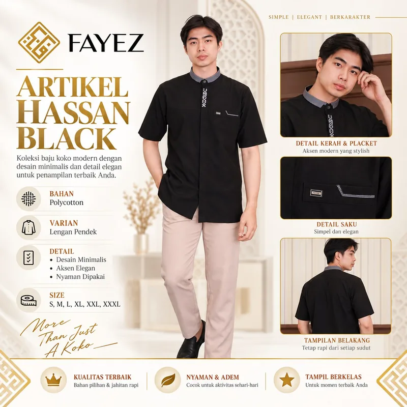 Baju Koko Fayez Lengan Pendek Hassan Black Series B — Lengan Pendek