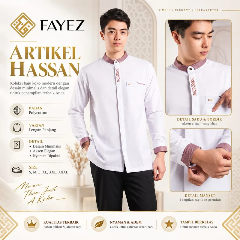 Baju Koko Fayez Lengan Panjang Hassan White Series A — Lengan Panjang
