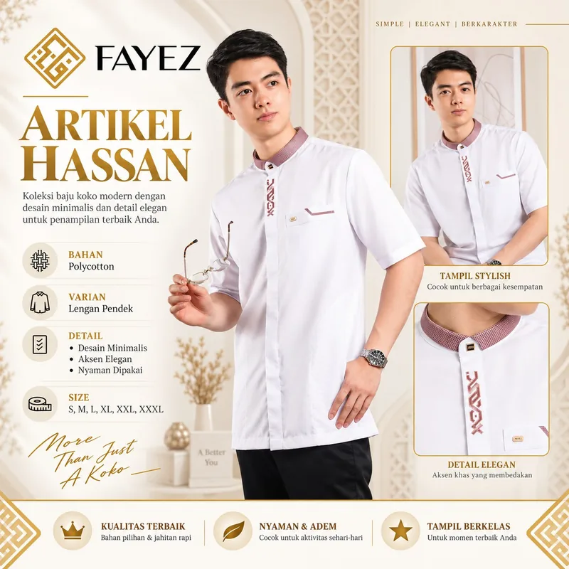 Baju Koko Fayez Lengan Pendek Hassan White Series B — Lengan Pendek