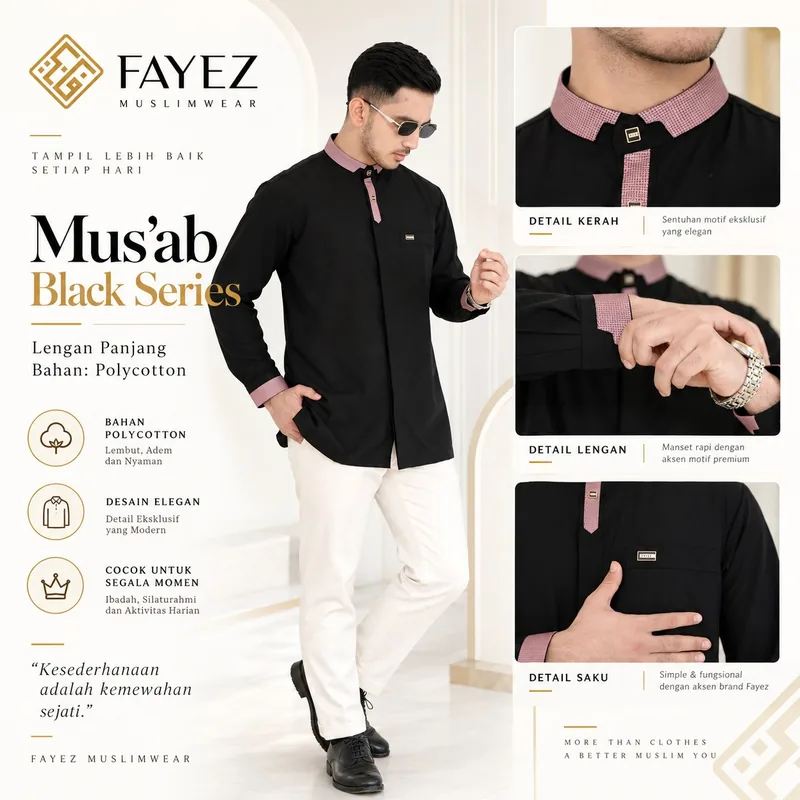Baju Koko Fayez Lengan Panjang Mus'ab Black Series A — Lengan Panjang