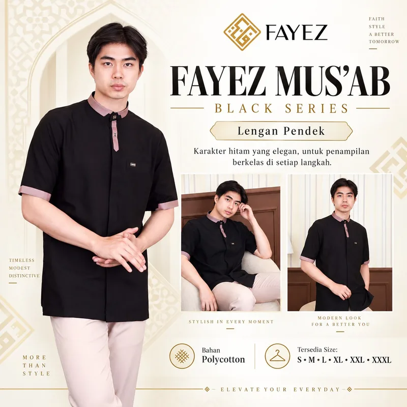 Baju Koko Fayez Lengan Pendek Mus'ab Black Series B — Lengan Pendek